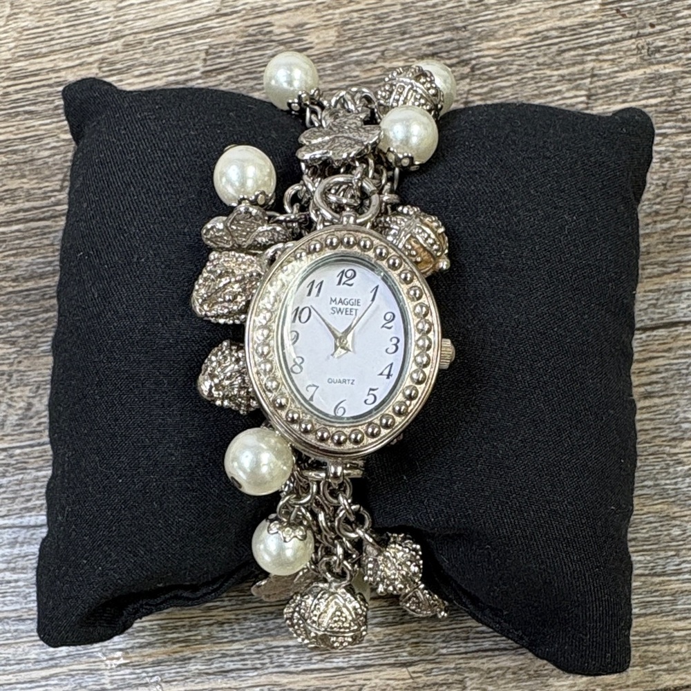 ✨ Maggie Sweet Charm Bracelet Watch | Silver Tone Pearl Statement Timepiece✨
